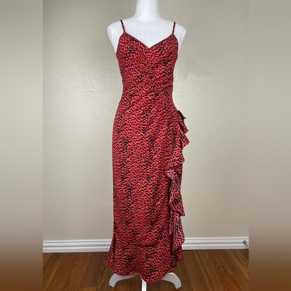 Bardot fit & flare ruffled midi dress red black leopard print  back zip SZ 10 L
